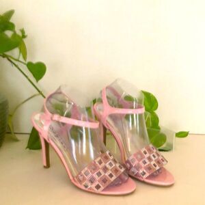 Light Pink Strappy High Heel Sandals With Silver Accents  Size 6